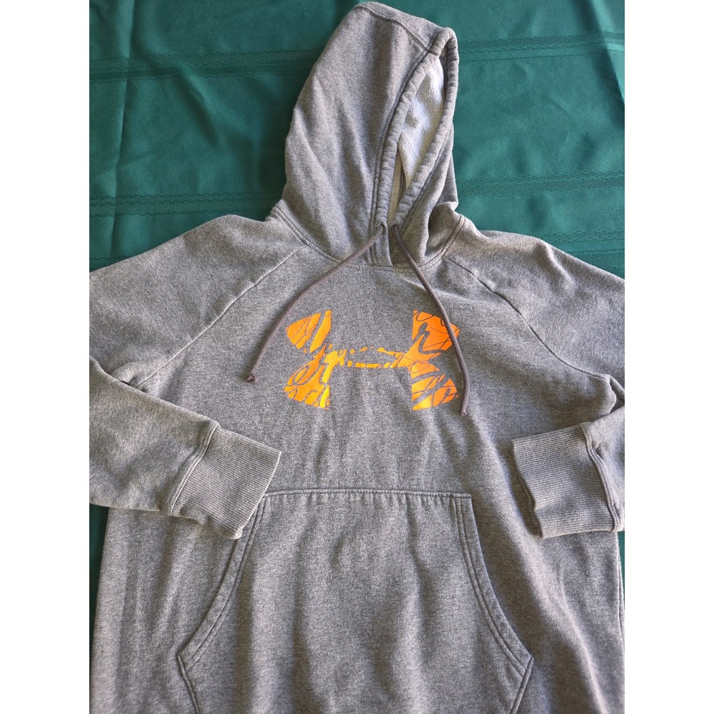 Under Armour Womens Gray Orange Graphic Logo Fleece Pullover Hoodie XS Loose